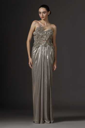 Pooja Peshoria_Gold Crepe, Net, Chiffon Crystals, Sequins, Fabric Flowers Hand Embroidered Gown _Online_at_Aza_Fashions