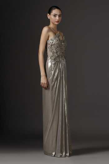 Buy_Pooja Peshoria_Gold Crepe, Net, Chiffon Crystals, Sequins, Fabric Flowers Hand Embroidered Gown _Online_at_Aza_Fashions