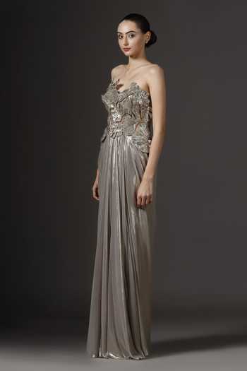 Shop_Pooja Peshoria_Gold Crepe, Net, Chiffon Crystals, Sequins, Fabric Flowers Hand Embroidered Gown _Online_at_Aza_Fashions