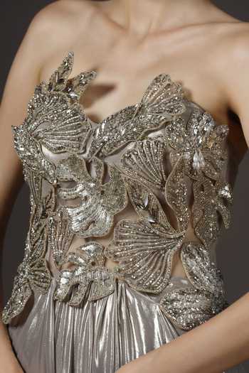 Pooja Peshoria_Gold Crepe, Net, Chiffon Crystals, Sequins, Fabric Flowers Hand Embroidered Gown _at_Aza_Fashions