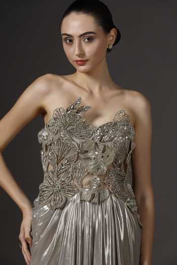 Buy_Pooja Peshoria_Gold Crepe, Net, Chiffon Crystals, Sequins, Fabric Flowers Hand Embroidered Gown 