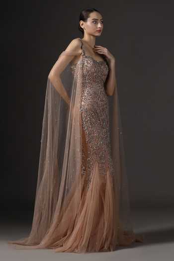 Pooja Peshoria_Brown Satin, Net Sequins, Crystals Sweetheart Neck Embellished Gown _Online_at_Aza_Fashions