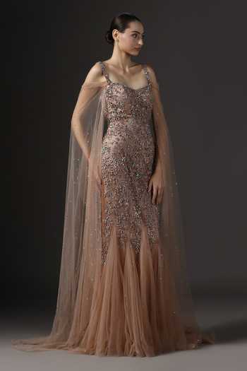 Buy_Pooja Peshoria_Brown Satin, Net Sequins, Crystals Sweetheart Neck Embellished Gown _Online_at_Aza_Fashions