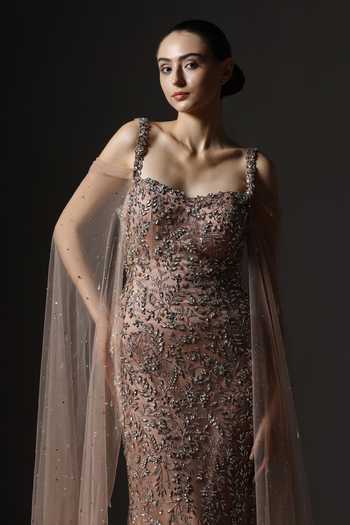 Shop_Pooja Peshoria_Brown Satin, Net Sequins, Crystals Sweetheart Neck Embellished Gown _Online_at_Aza_Fashions