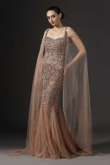 Pooja Peshoria_Brown Satin, Net Sequins, Crystals Sweetheart Neck Embellished Gown _at_Aza_Fashions