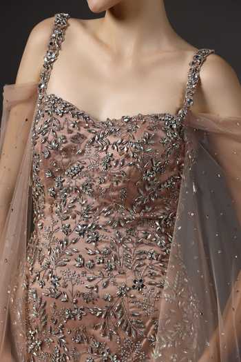 Buy_Pooja Peshoria_Brown Satin, Net Sequins, Crystals Sweetheart Neck Embellished Gown 