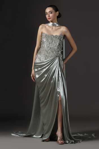 Pooja Peshoria_Green Satin Sequins, Stones, Fabric Flowers Hand Embroidered Gown And Drape Set _Online_at_Aza_Fashions