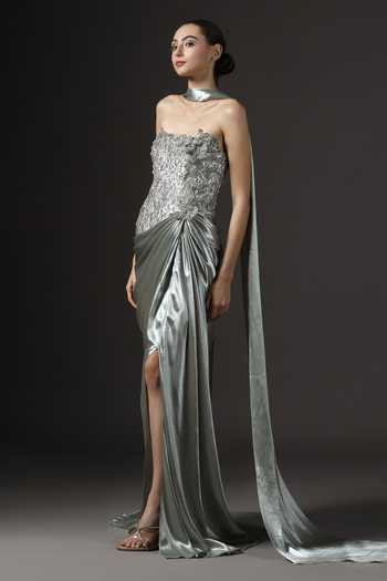 Buy_Pooja Peshoria_Green Satin Sequins, Stones, Fabric Flowers Hand Embroidered Gown And Drape Set _Online_at_Aza_Fashions
