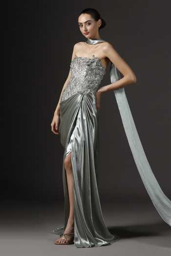 Shop_Pooja Peshoria_Green Satin Sequins, Stones, Fabric Flowers Hand Embroidered Gown And Drape Set _Online_at_Aza_Fashions