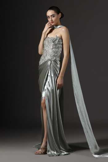 Pooja Peshoria_Green Satin Sequins, Stones, Fabric Flowers Hand Embroidered Gown And Drape Set _at_Aza_Fashions