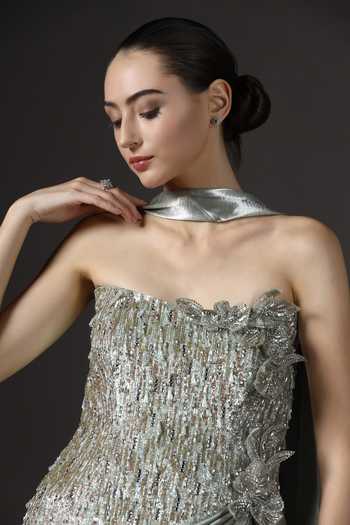 Buy_Pooja Peshoria_Green Satin Sequins, Stones, Fabric Flowers Hand Embroidered Gown And Drape Set 