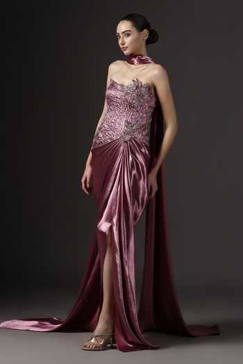 Pooja Peshoria_Mauve Satin Embroidery, Sequins, Fabric Flowers Hand Bodice Gown And Drape Set _Online_at_Aza_Fashions