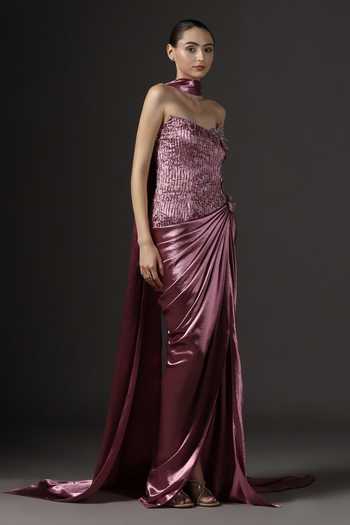 Buy_Pooja Peshoria_Mauve Satin Embroidery, Sequins, Fabric Flowers Hand Bodice Gown And Drape Set _Online_at_Aza_Fashions
