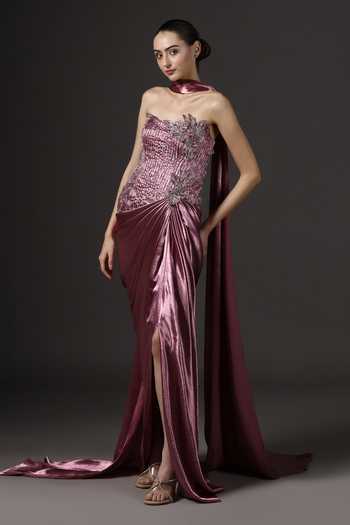 Shop_Pooja Peshoria_Mauve Satin Embroidery, Sequins, Fabric Flowers Hand Bodice Gown And Drape Set _Online_at_Aza_Fashions