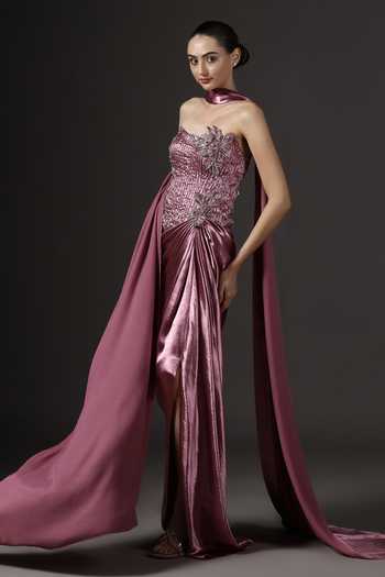 Pooja Peshoria_Mauve Satin Embroidery, Sequins, Fabric Flowers Hand Bodice Gown And Drape Set _at_Aza_Fashions