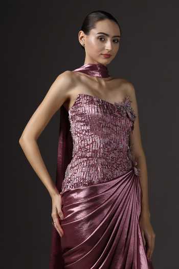 Buy_Pooja Peshoria_Mauve Satin Embroidery, Sequins, Fabric Flowers Hand Bodice Gown And Drape Set 