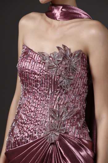 Shop_Pooja Peshoria_Mauve Satin Embroidery, Sequins, Fabric Flowers Hand Bodice Gown And Drape Set 