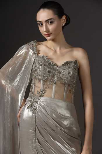 Pooja Peshoria Gold Sequins, Beads Sweetheart Neck, Asymmetric Embellished Bodice Saree Gown Online at Aza Fashions Pooja Peshoria_Gold Sequins, Beads Sweetheart Neck, Asymmetric Embellished Bodice Saree Gown _Online_at_Aza_Fashions