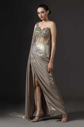 Shop Pooja Peshoria Gold Sequins, Beads Sweetheart Neck, Asymmetric Embellished Bodice Saree Gown Online at Aza Fashions Shop_Pooja Peshoria_Gold Sequins, Beads Sweetheart Neck, Asymmetric Embellished Bodice Saree Gown _Online_at_Aza_Fashions
