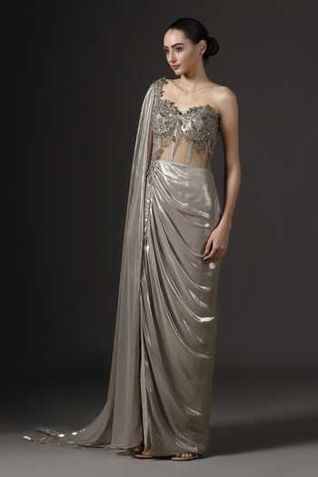 Pooja Peshoria Gold Sequins, Beads Sweetheart Neck, Asymmetric Embellished Bodice Saree Gown at Aza Fashions Pooja Peshoria_Gold Sequins, Beads Sweetheart Neck, Asymmetric Embellished Bodice Saree Gown _at_Aza_Fashions