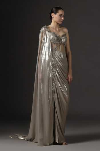 Buy Pooja Peshoria Gold Sequins, Beads Sweetheart Neck, Asymmetric Embellished Bodice Saree Gown Buy_Pooja Peshoria_Gold Sequins, Beads Sweetheart Neck, Asymmetric Embellished Bodice Saree Gown