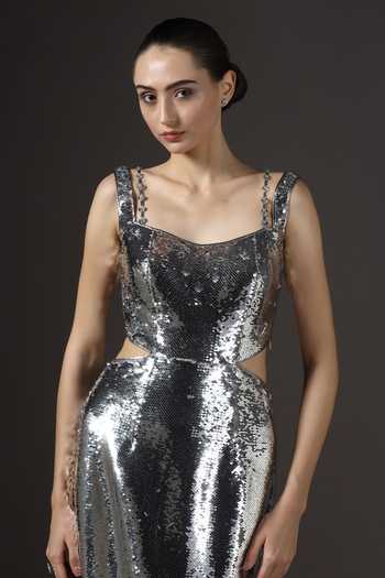 Pooja Peshoria_Silver Knit Sequins, Crystals Scoop Neck Gown _Online_at_Aza_Fashions