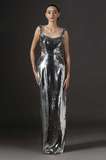 Buy_Pooja Peshoria_Silver Knit Sequins, Crystals Scoop Neck Gown _Online_at_Aza_Fashions
