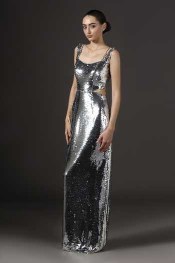 Pooja Peshoria_Silver Knit Sequins, Crystals Scoop Neck Gown _at_Aza_Fashions