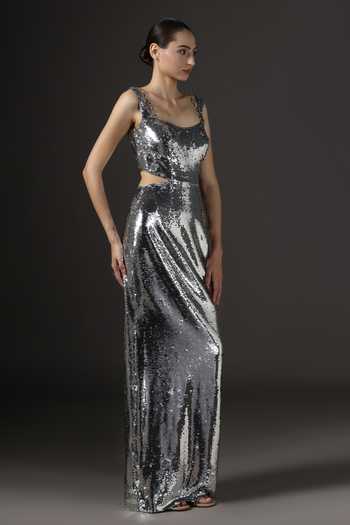 Shop_Pooja Peshoria_Silver Knit Sequins, Crystals Scoop Neck Gown 