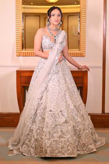 Pooja Peshoria_Blue Silk, Net, Viscose Sweetheart Neck Crystal Hand Embroidered Lehenga Set _Online_at_Aza_Fashions