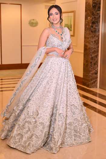 Buy_Pooja Peshoria_Blue Silk, Net, Viscose Sweetheart Neck Crystal Hand Embroidered Lehenga Set _Online_at_Aza_Fashions