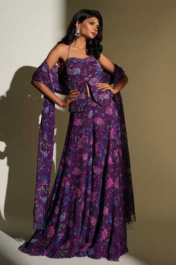 Buy_Kiyohra_Purple Georgette Embroidery Sweetheart Neck, Florence Print Top Palazzo Set _Online_at_Aza_Fashions