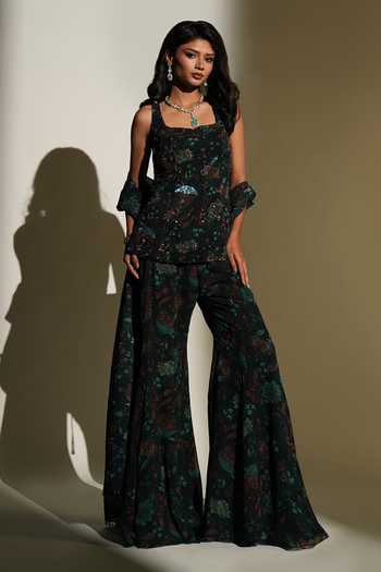 Shop_Kiyohra_Green Georgette Embroidery Square Neck Eka Print Kurta Palazzo Set _Online_at_Aza_Fashions