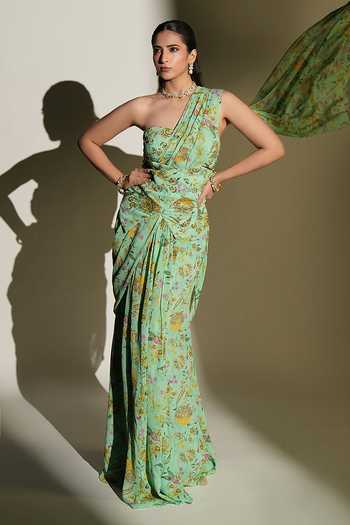 Kiyohra_Aqua Georgette Bandeau Neck Sienna Floral Print Pre-draped Saree Set _Online_at_Aza_Fashions