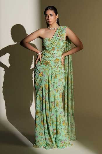 Shop_Kiyohra_Aqua Georgette Bandeau Neck Sienna Floral Print Pre-draped Saree Set _Online_at_Aza_Fashions