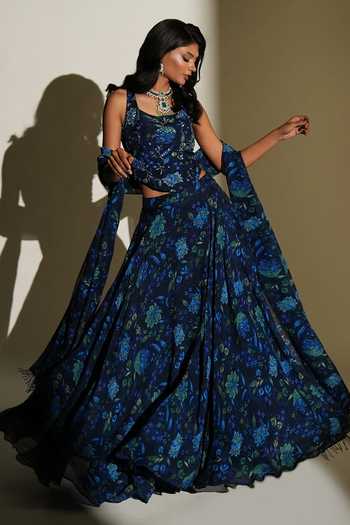 Buy_Kiyohra_Blue Organza Embroidery Inara Print Lehenga Set _Online_at_Aza_Fashions