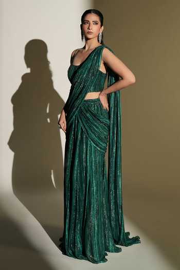 Kiyohra_Green Georgette, Lurex Square Neck Lumi Print Pre-draped Saree Set _Online_at_Aza_Fashions