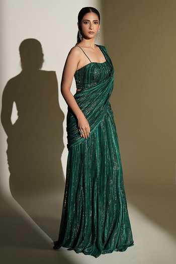 Buy_Kiyohra_Green Georgette, Lurex Square Neck Lumi Print Pre-draped Saree Set _Online_at_Aza_Fashions