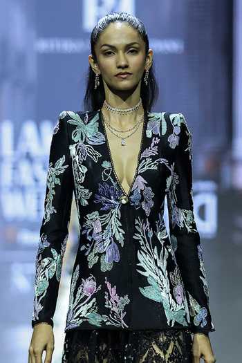 Ritika Mirchandani_Black Net V-neck Floria Embroidered Jacket And Skirt Set _Online_at_Aza_Fashions