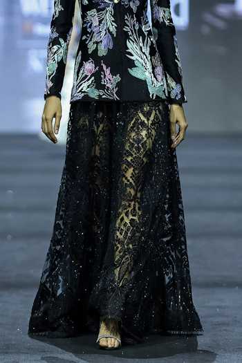 Buy_Ritika Mirchandani_Black Net V-neck Floria Embroidered Jacket And Skirt Set _Online_at_Aza_Fashions