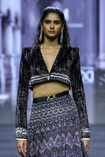 Ritika Mirchandani_Black Georgette, Satin, Net, Dupion Isidora Cropped Blazer And Skirt Set _Online_at_Aza_Fashions