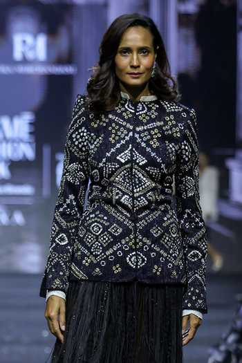 Buy_Ritika Mirchandani_Black Net Mandarin Collar, Yes Diantha Crystal Embroidered Kurta And Skirt Set _Online_at_Aza_Fashions