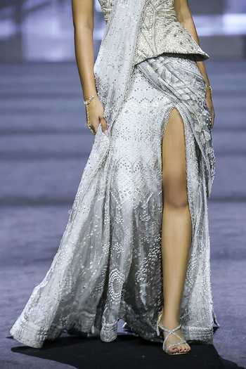 Buy_Ritika Mirchandani_Grey Silk, Crepe, Net, Dupion Embroidery, Crystals Rosalie Slit Lehenga Set _Online_at_Aza_Fashions
