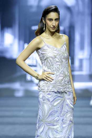 Ritika Mirchandani_Blue Georgette V-neck Bluebell Crystal Top And Skirt Set _Online_at_Aza_Fashions