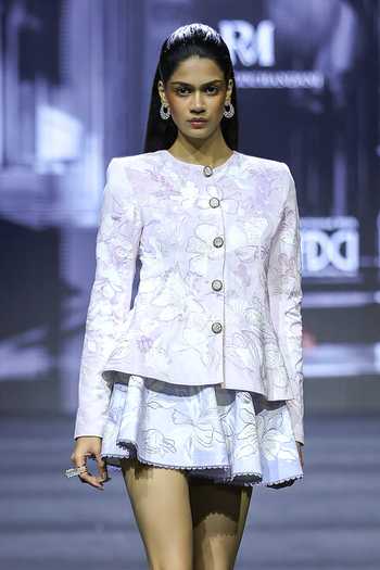 Buy_Ritika Mirchandani_Purple Velvet, Dupion, Suede Round Neck Posie Crystal Floral Top And Skirt Set _Online_at_Aza_Fashions