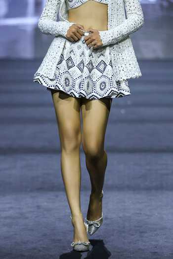 Ritika Mirchandani_Ivory Net, Linen, Dupion Open Neck, Sweetheart Heath Crystal Cutwork Skirt Set _Online_at_Aza_Fashions