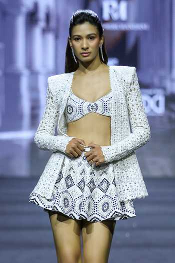 Buy_Ritika Mirchandani_Ivory Net, Linen, Dupion Open Neck, Sweetheart Heath Crystal Cutwork Skirt Set _Online_at_Aza_Fashions
