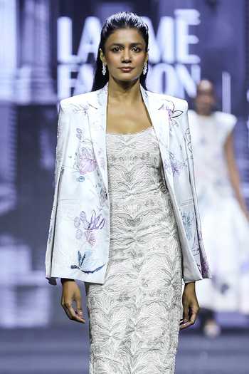 Ritika Mirchandani_Grey Georgette, Linen, Dupion Square Neck, Daffodil Floral Dress And Jacket Set _Online_at_Aza_Fashions