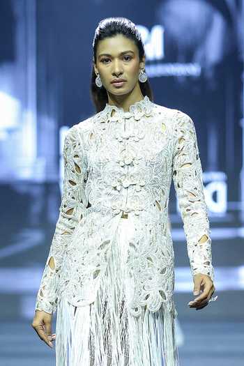 Ritika Mirchandani_Grey Net, Dupion, Lycra High Neck, Yes Femmora Floral Cutwork Kurta And Skirt Set _Online_at_Aza_Fashions