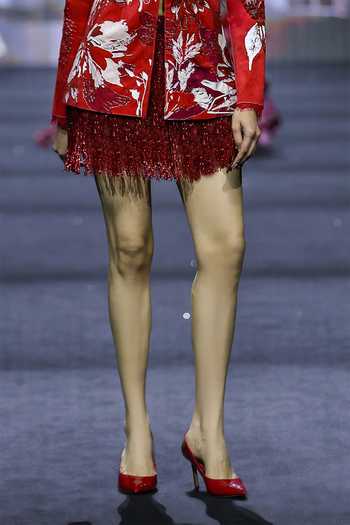 Ritika Mirchandani_Red Net, Dupion Mandarin Collar Acacia Floral Printed Top And Skirt Set _Online_at_Aza_Fashions